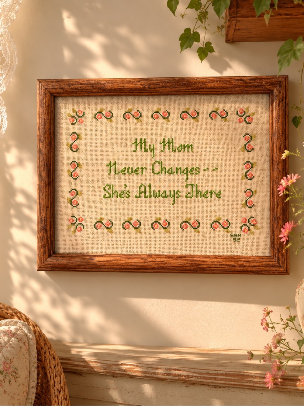 Vintage 90’s cottage core boho cross stitch needlepoint retro 9x11” wall art